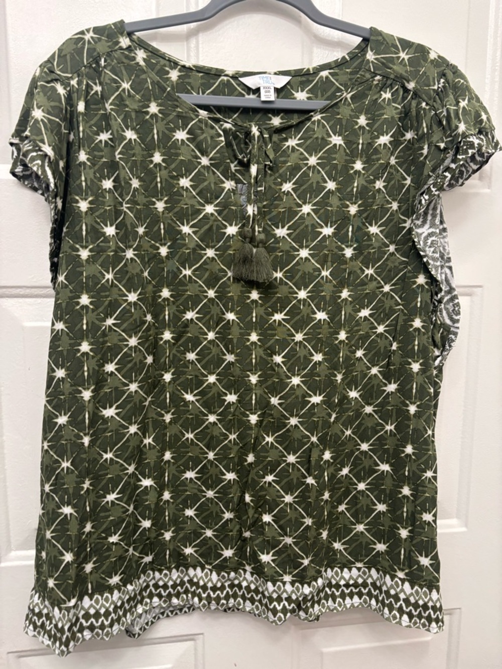 Time and Tru 100% Rayon Olive Green Printed Tassel Tie Blouse